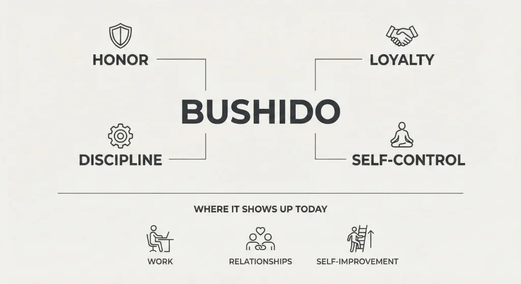 Diagram showing core bushido values and their modern influence