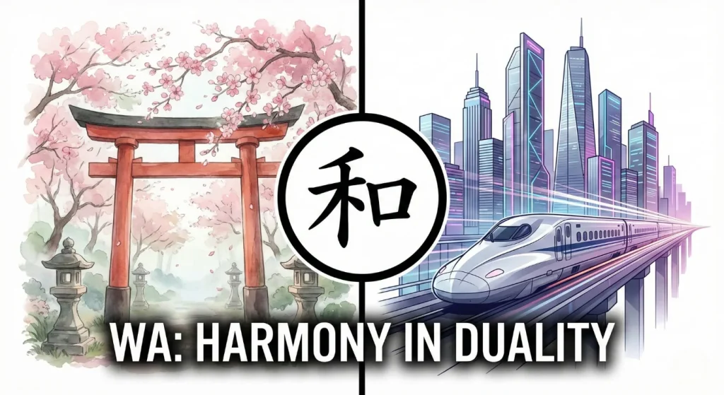 A split-screen visual showing a traditional Shinto Torii gate on one side and a modern high-speed train on the other, balanced in the center