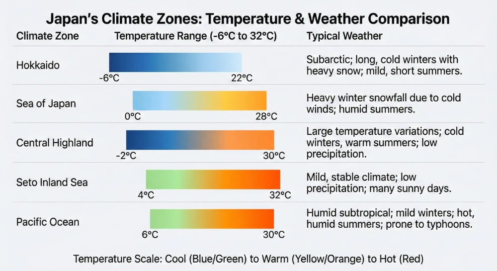 A comparison table or bar chart showing temperature ranges across Japan's five main climate zones.