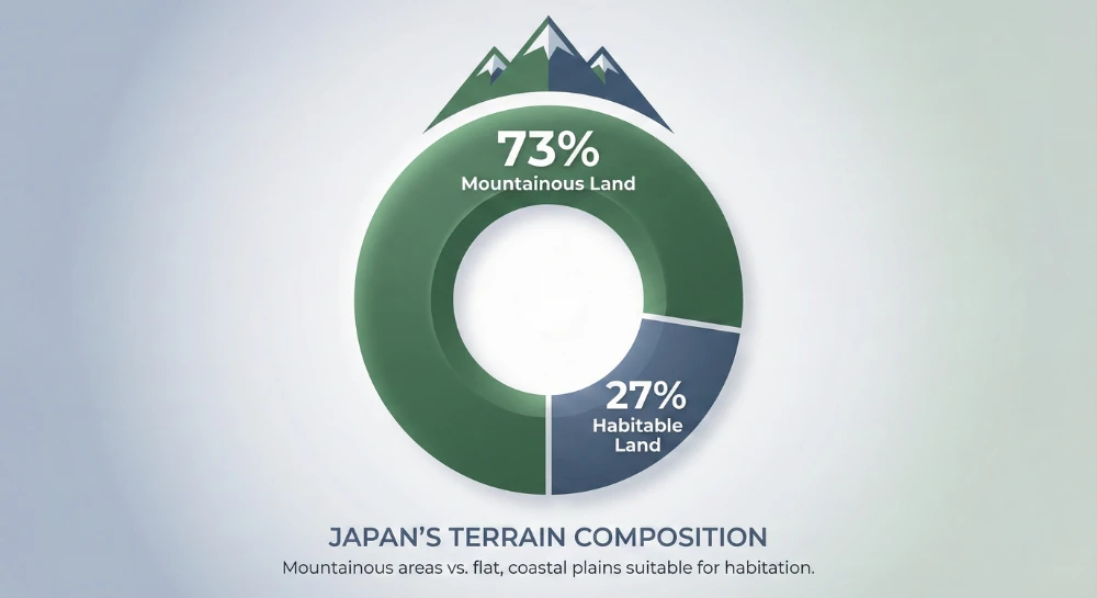 A circular chart showing that 73 percent of Japan is mountainous compared to its habitable coastal plains