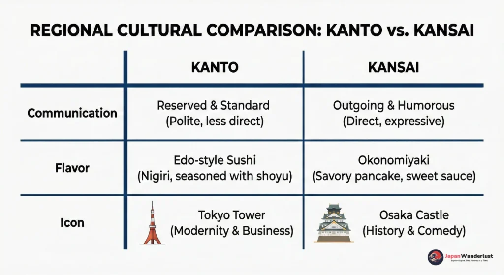 A comparison table highlighting differences in dialect and food between the Kanto and Kansai regions.