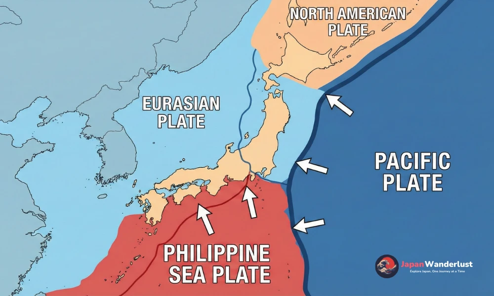 A map showing the intersection of the Pacific, Philippine Sea, Eurasian, and North American plates around the Japanese archipelago