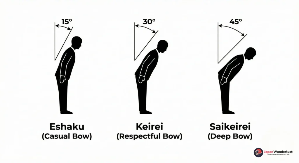 A diagram showing three people bowing at different angles: fifteen degrees, thirty degrees, and forty-five degrees.