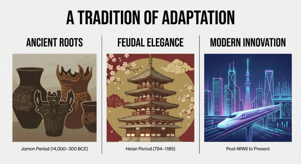 A horizontal infographic timeline showing the transition from ancient pottery to feudal architecture and modern cityscapes.