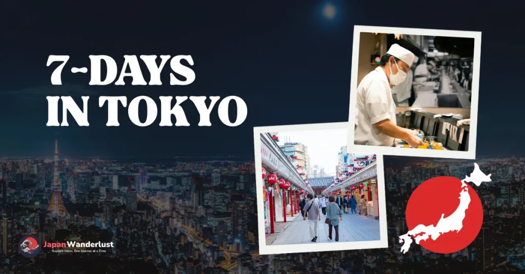 Day-by-day travel plan map showing key Tokyo districts, temples, and tourist attractions for a one-week Japan trip
