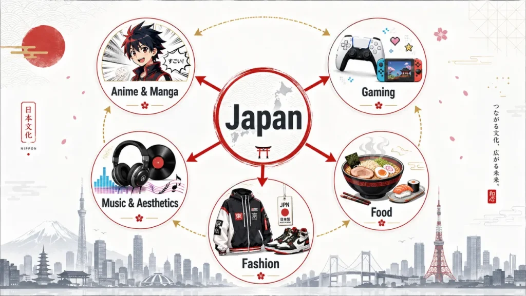 Diagram showing anime, gaming, food, fashion, and music as pathways into Japanese culture.