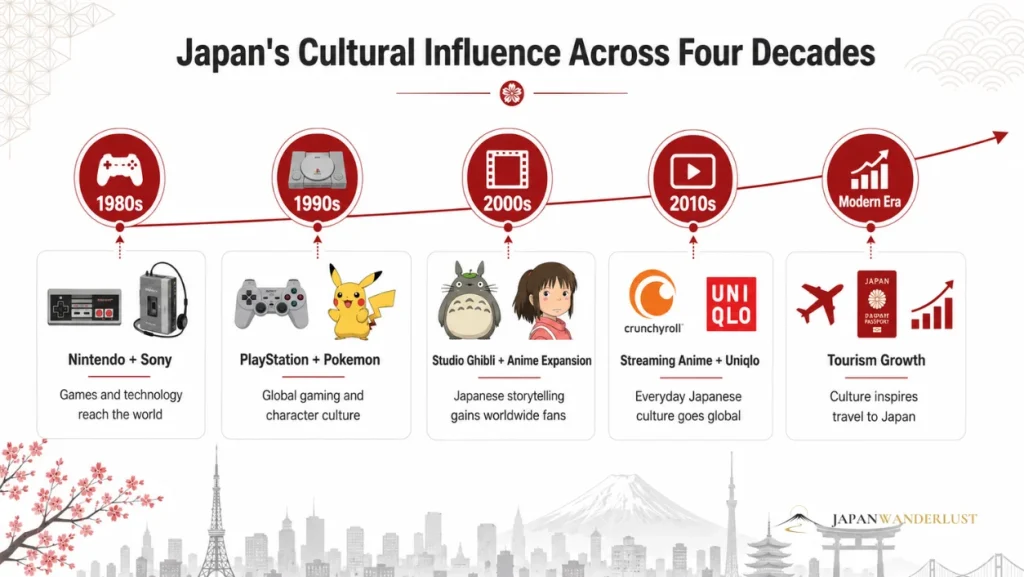 Timeline showing how Japanese culture spread globally through entertainment, food, fashion, and travel.