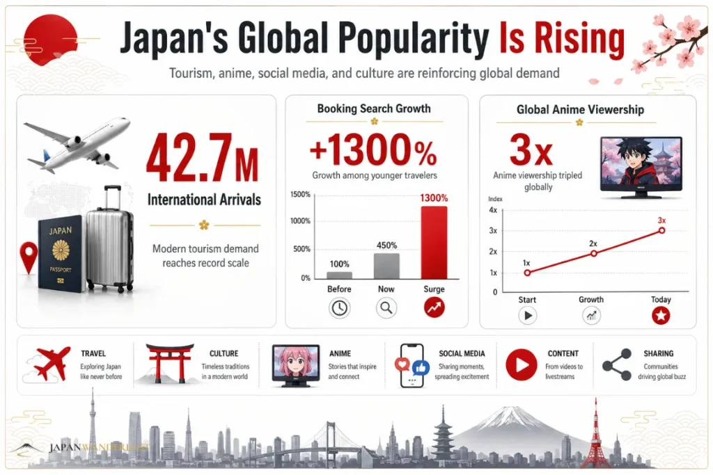Infographic displaying tourism, anime growth, and travel demand related to Japan.