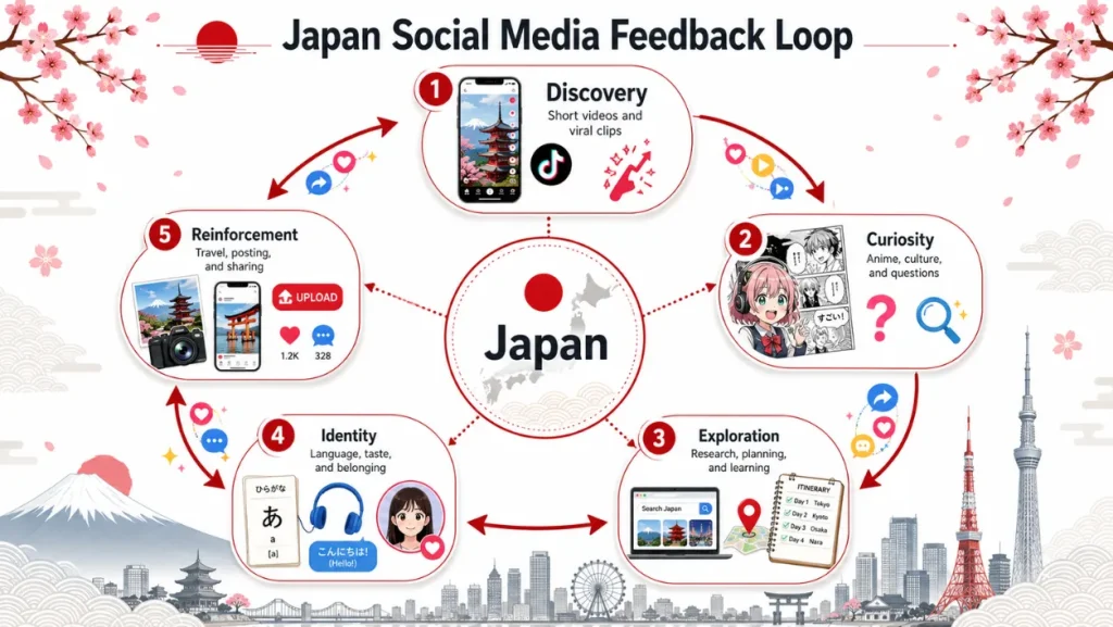 Circular diagram showing how social media drives interest and travel to Japan.
