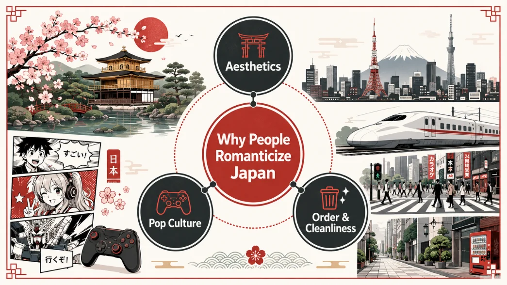 Infographic showing the three major reasons people romanticize Japan