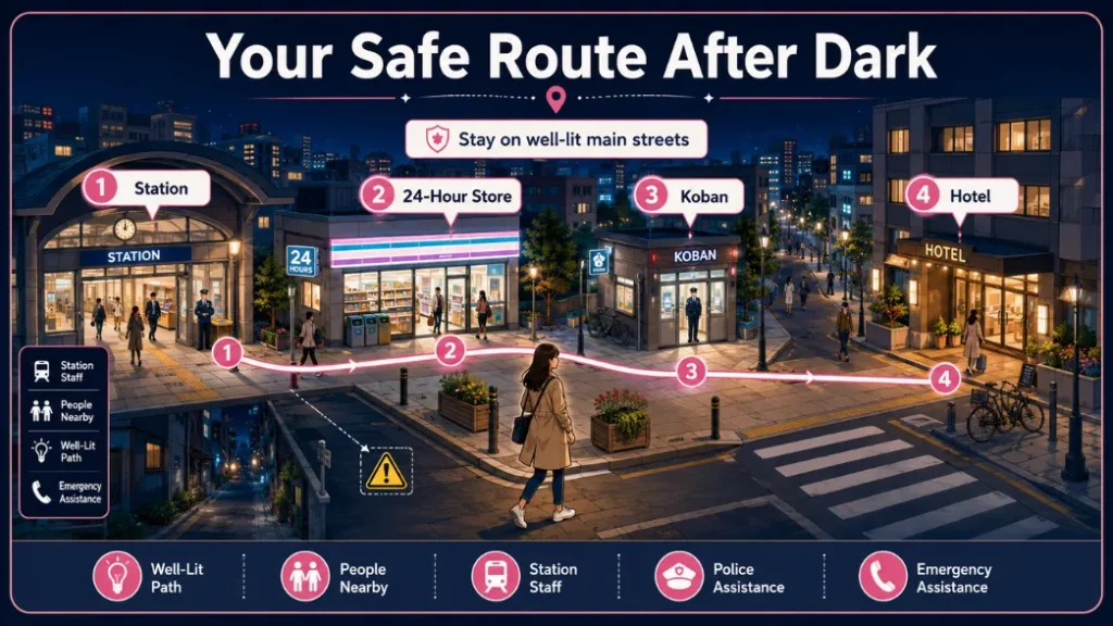 Solo woman following a well-lit nighttime route between a station, convenience store, police box, and hotel in Japan