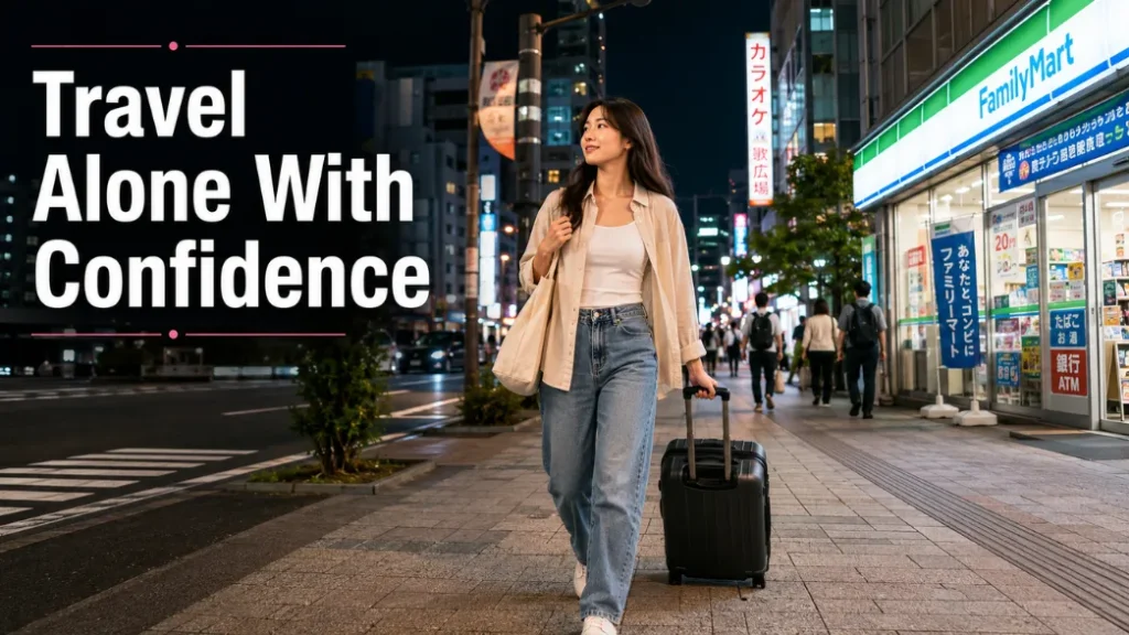 Solo female traveler walking safely through a Japanese city at night