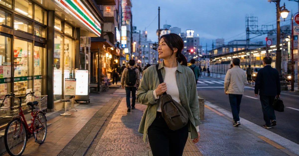 Solo female traveler walking through a well-lit Tokyo neighborhood in the evening